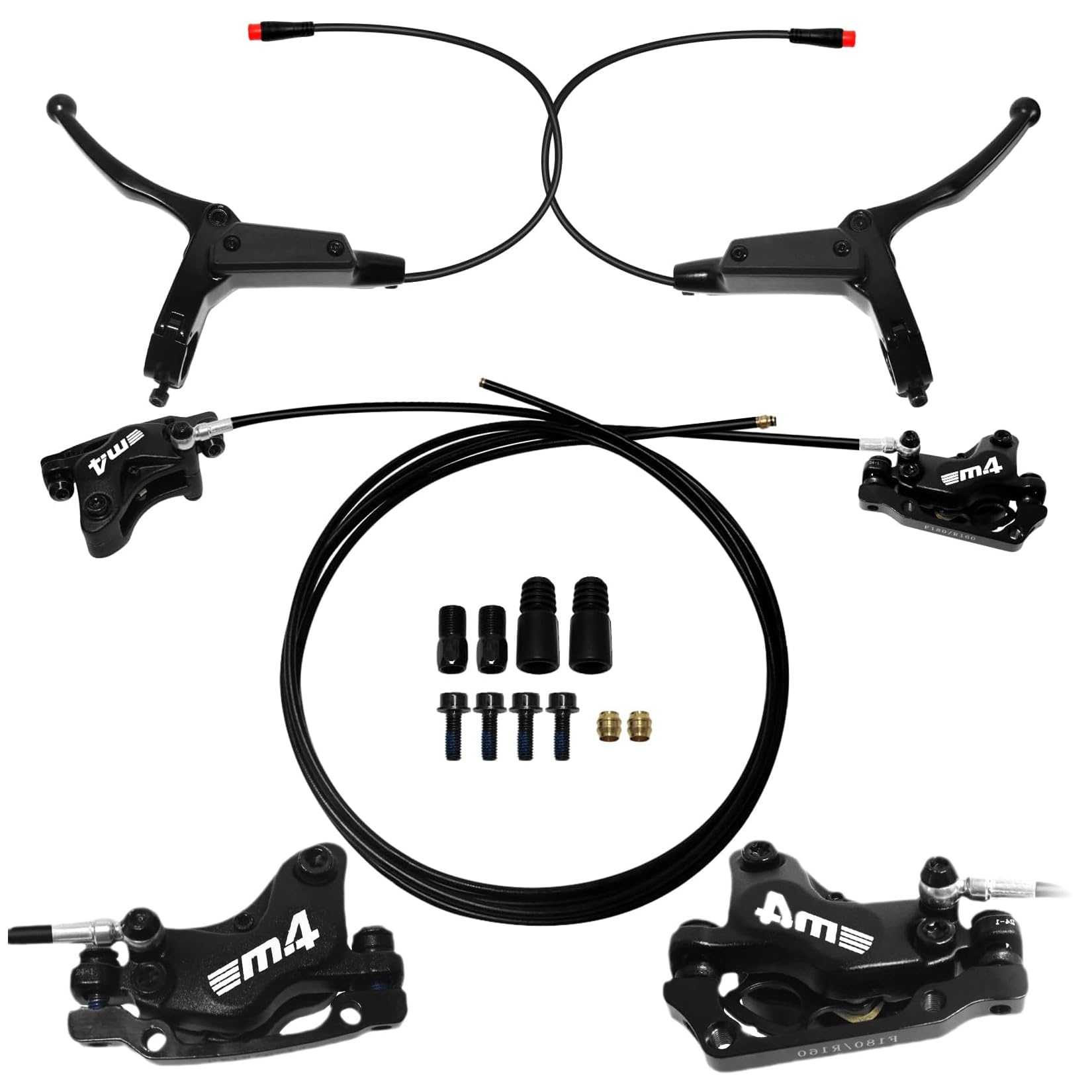 Juego de Frenos hidráulicos de 4 pistones con Apagado eléctrico para Bicicleta eléctrica Pinza de Freno de Disco hidráulica prepurgada para Bicicleta eléctrica con Adaptador de Montaje