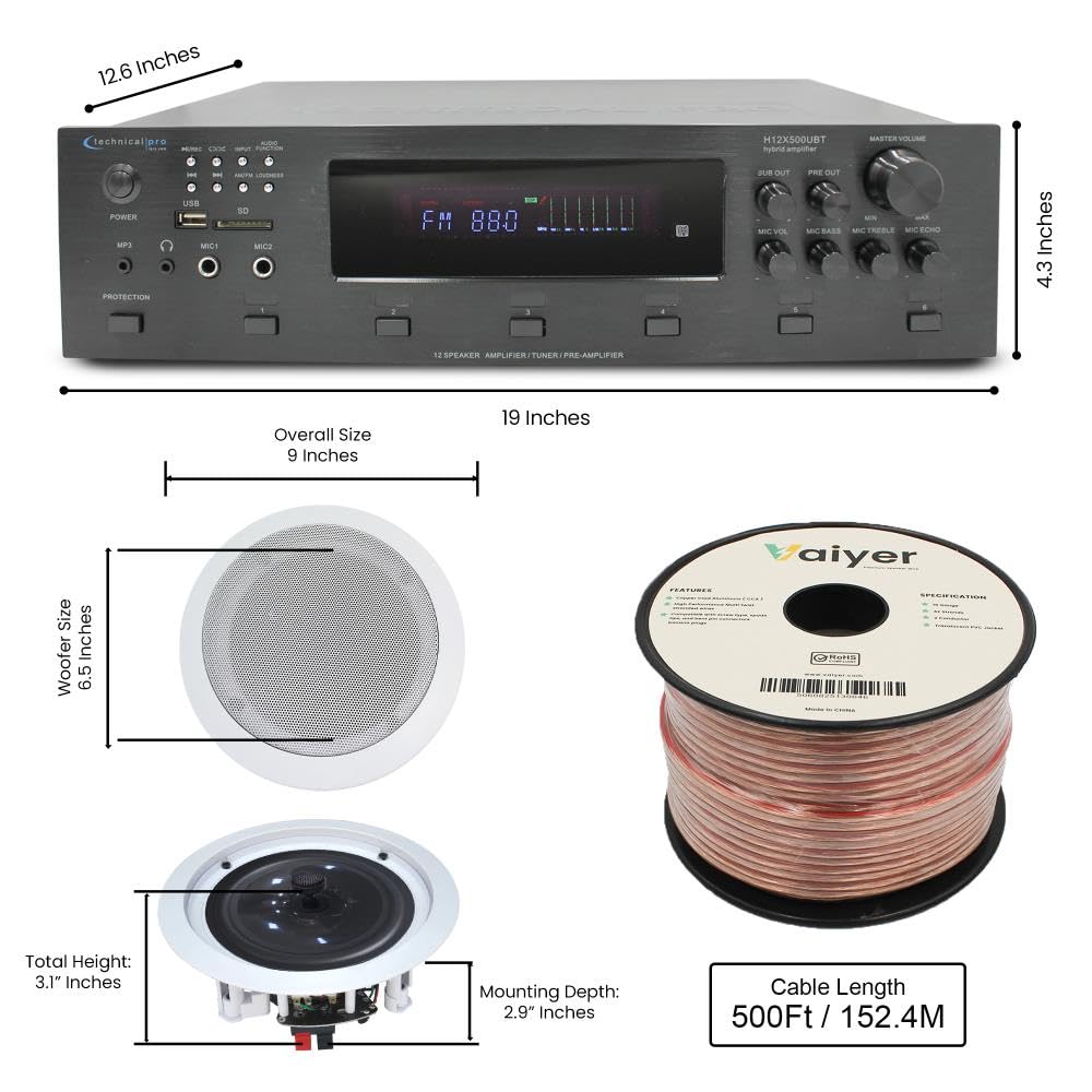 Vaiyer Home Audio System Kit, 6-Channel 6000 Watts Bluetooth Amplifier with 6.5