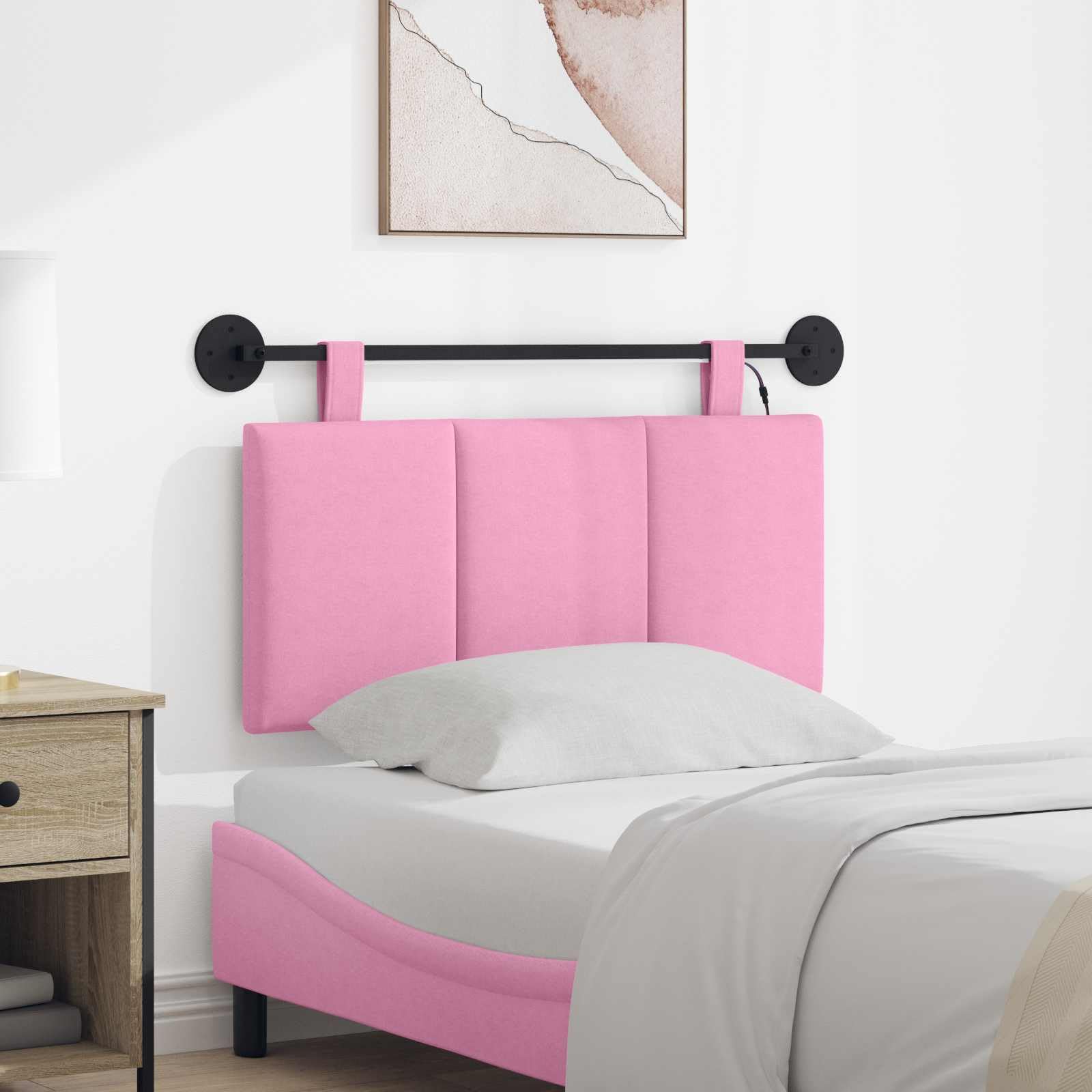 Cabecero colgante con luz LED de tela rosa, 90 x 55 x 5 cm, fijación a la pared, correas extraíbles, panel acolchado para dormitorio, habitación de invitados, habitación juvenil, hotel
