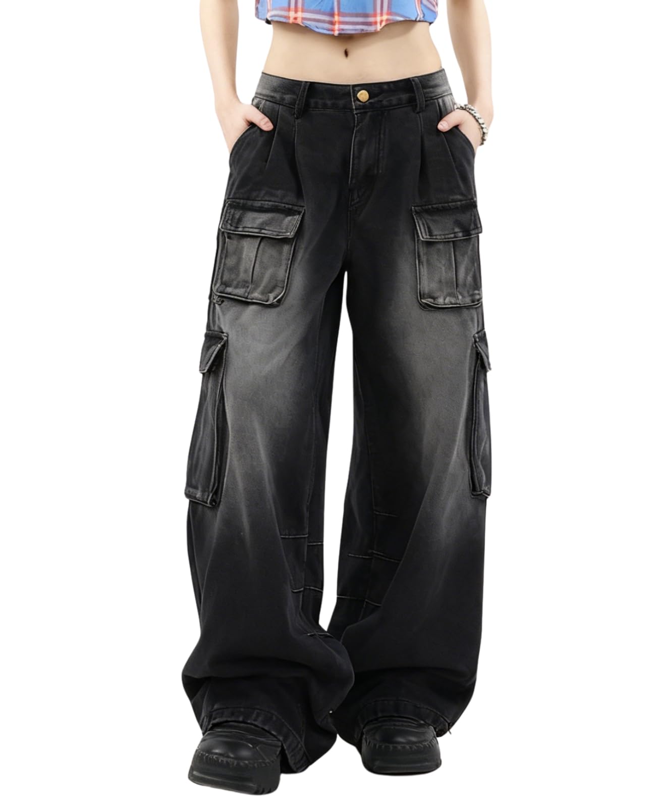 Hugboom Baggy Cargo Pants for Women Girls Wide Leg Jeans Y2k Hip Hop Streetwear Low Rise Oversized Jeans Grunge Clothes Blue, Black1, XXL