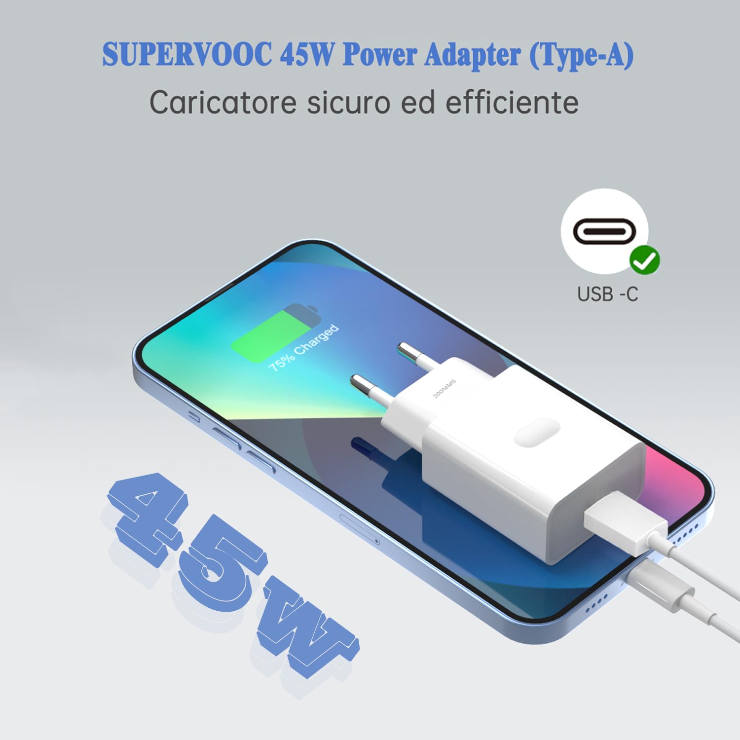 Caricatore SuperVooc 45W Per Oppo, OnePlus E Realme: Ricarica Rapida, Compatto, Con Protezioni Multiple