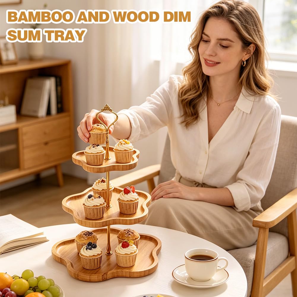 Soporte de 3 pisos de madera para cupcakes, soporte para cupcakes con mango de metal, soporte para frutas, 3 pisos, soporte para tartas, para cumpleaños, té de la tarde, fiesta de boda