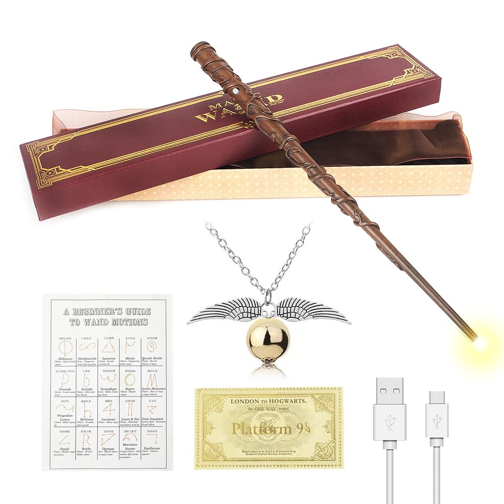WDKXCN Hermine Zauberstab, 37CM Glühen - Zauberstab Hermine Granger mit USB Aufladung, Geschenkbox, Zauberspruch-Karte, Stationsticket und Halskette