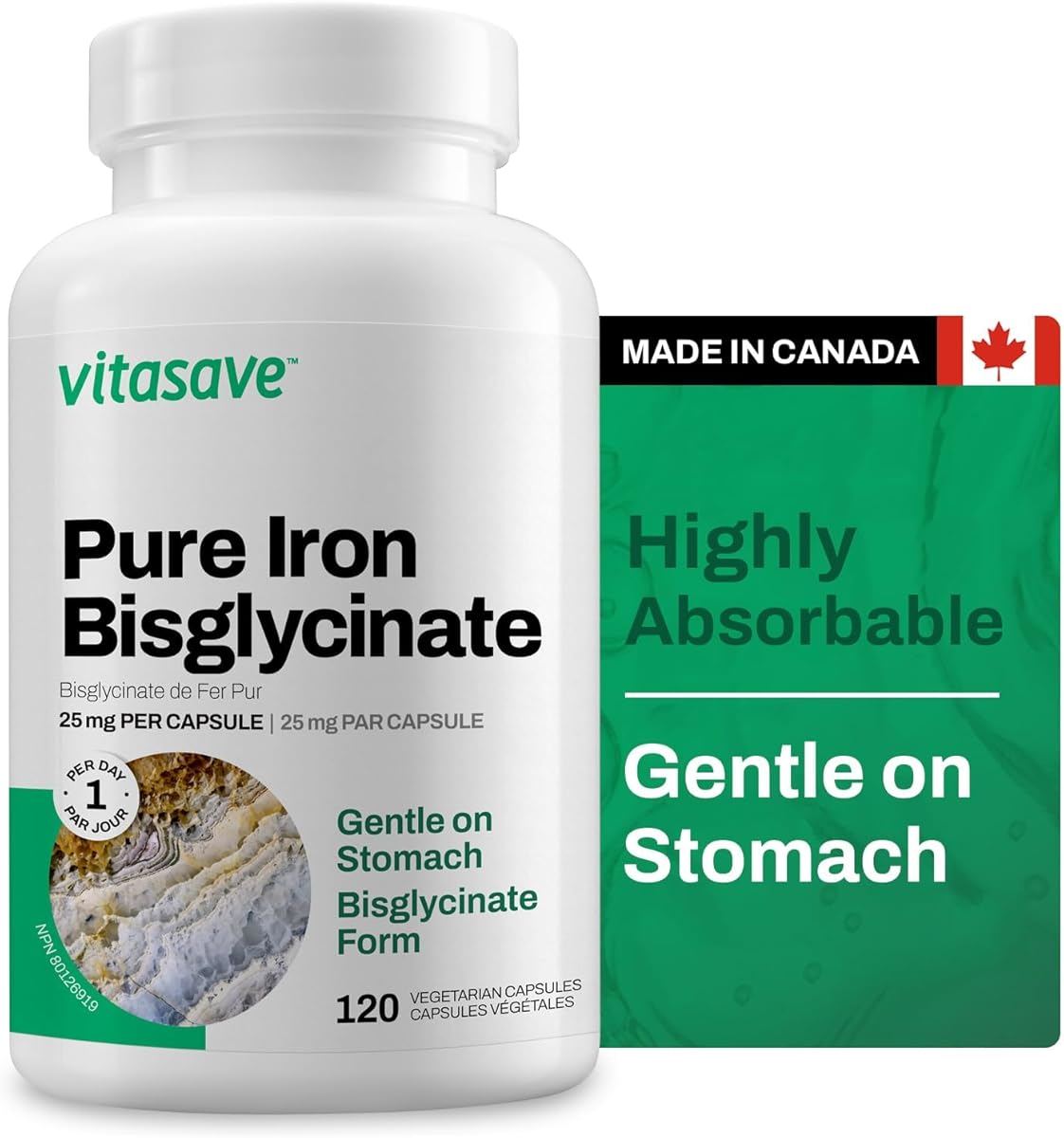 Vitasave Vitasave Iron Bisglycinate – High Absorption Iron Supplement for Energy, Anemia & Immune Support – Gentle on Stomach – Vegan, Non-GMO, Gluten-Free – 120 Capsules (Made in Canada)