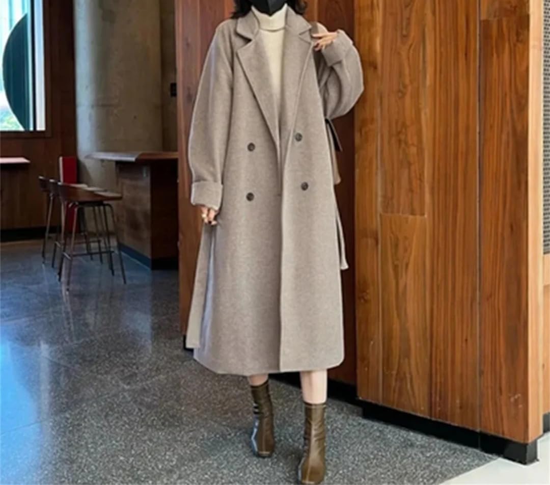 Abrigo de lana de moda para mujer, abrigo de invierno con doble botonadura, cinturón delgado, chaqueta larga de lana, abrigo cálido para mujer