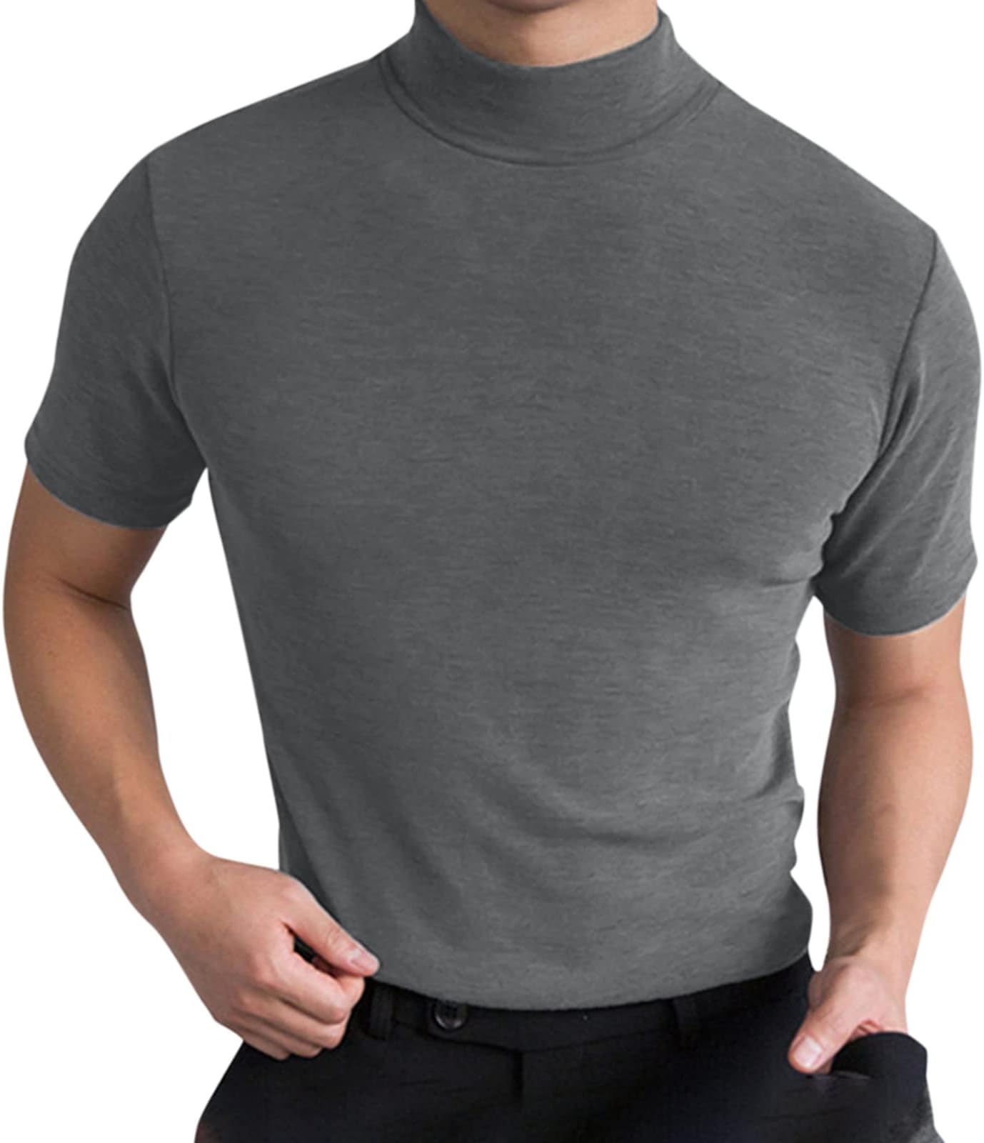 Men's Summer Mock Turtleneck T Shirt Solid High Collar Short Sleeve Tops Basic Slim Undershirt Tees