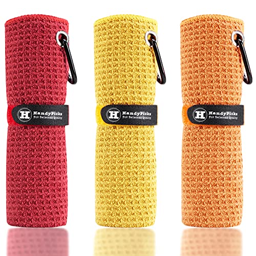 Image of Handy Picks Microfiber Golf Towel (16 inch X 16 inch) with Carabiner Clip, Waffle Pattern Golf Towel Hook and Loop Fastener - The Convenient Golf Cleaning Towel