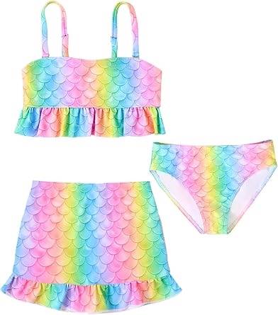 Girls Swimming Costume Kids 3 Piece Girls Bikini Set Swimsuit Adjustable Shoulder Strap Tankini with Skirt for 4-12 Years
