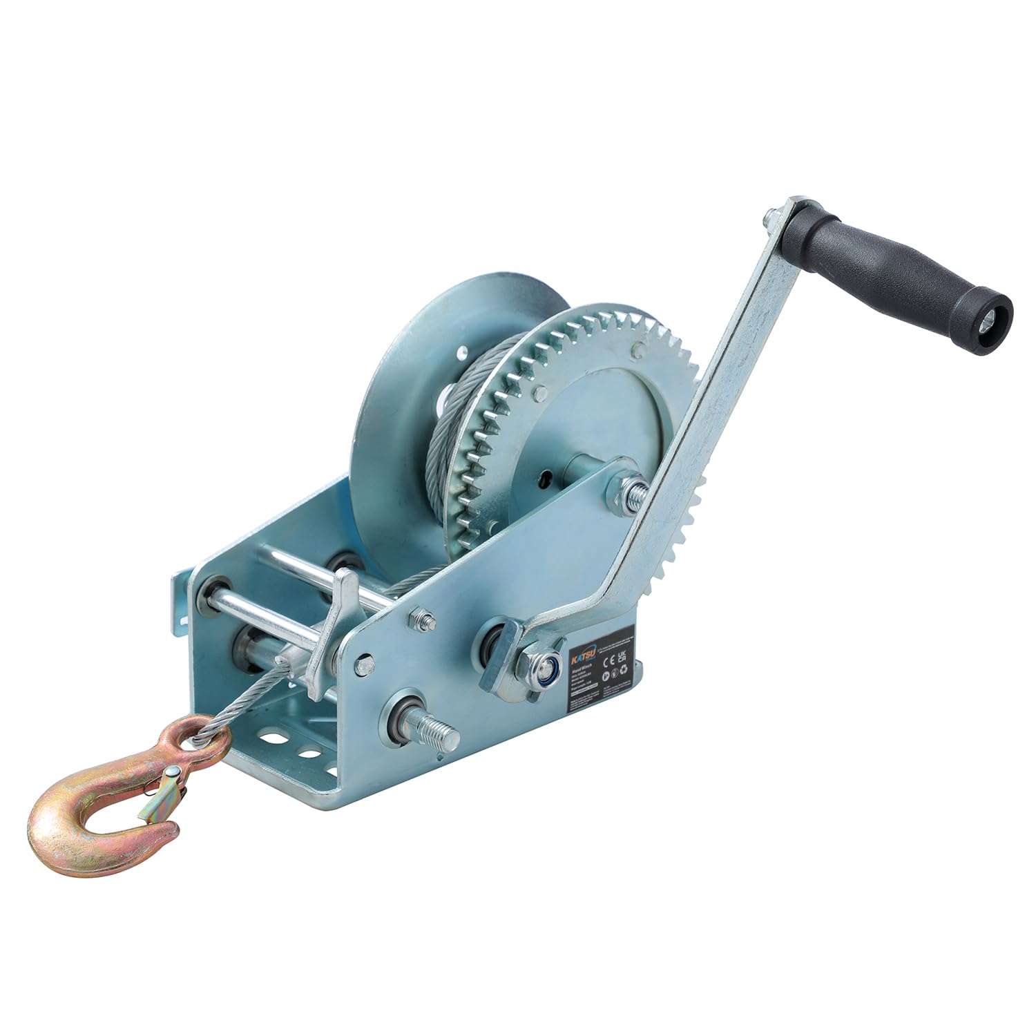 KATSU Tools Cabrestante Manual Pesado 3500lbs 1587kg con Cable de Acero de 10m, Sistema de Engranaje de 2 Velocidades, para Remolques de Coche, Caravana, Barco, Camión y Recuperación 325934