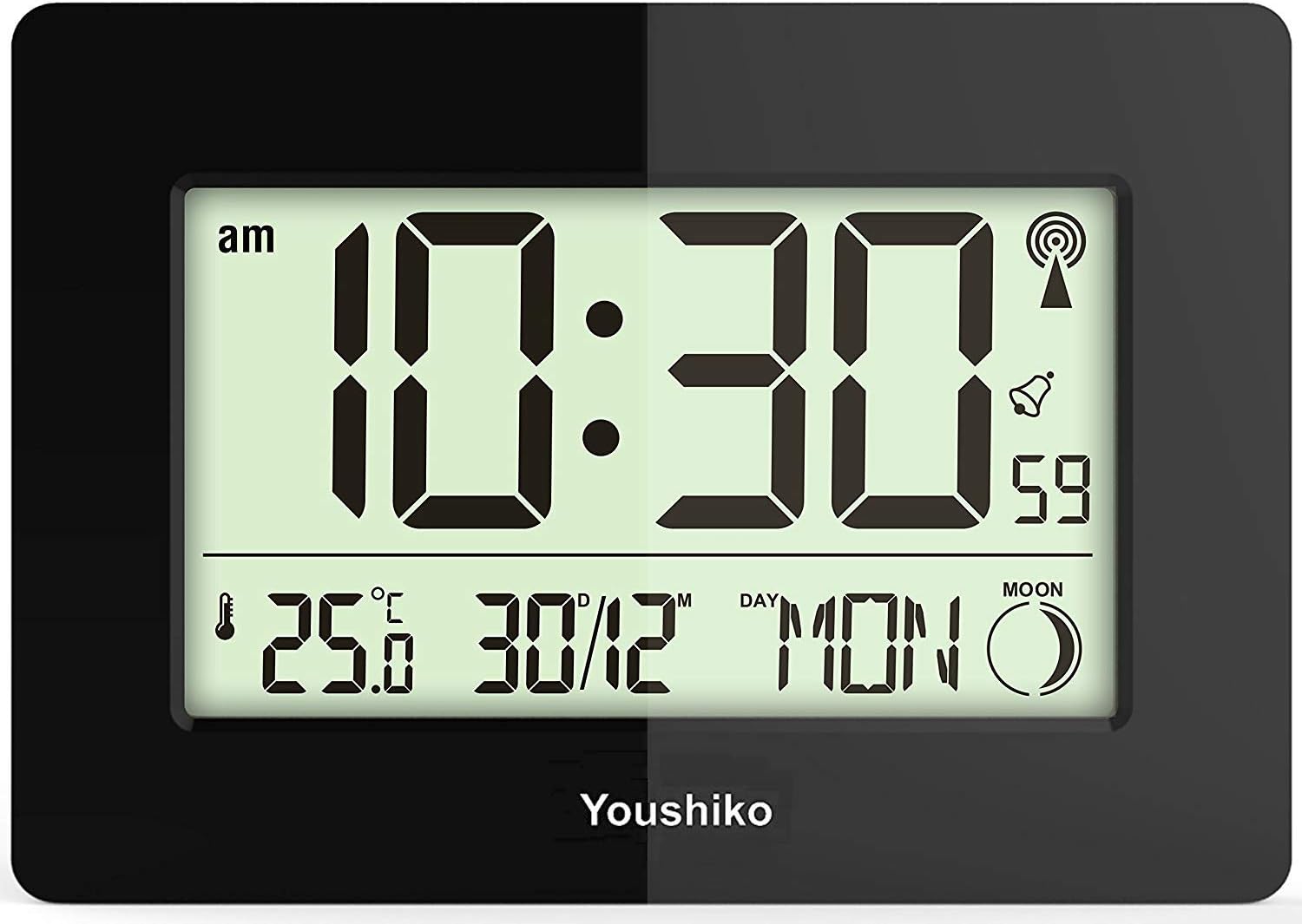 Radio Controlled Large Screen LCD Silent Wall or Desk Clock (Official UK Version) Auto Set Up with Day Date Month (Black)