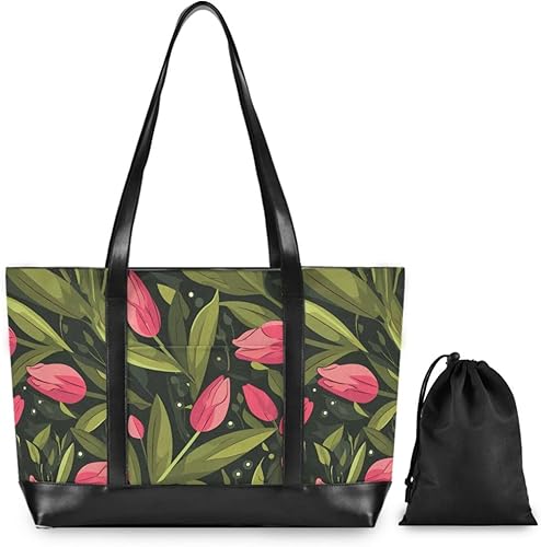 Miniatura 2 de Pink Tulipa Green Leaves Flat Illustration Style Large Capacity bag with laptop compartment with zipper laptop travel bag for ladies with college