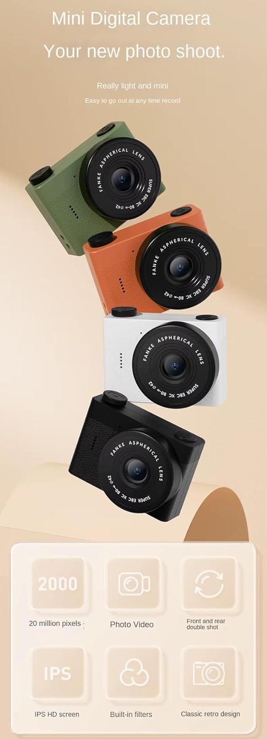 Mini Digital Camera with LCD Screen 2MP 1.4" IPS Full HD 128 GB Memory Card Monoreflexes Shaped CMOS Small Compact Portable Video Recorder Dual Selfie Built-in Filters (Green)