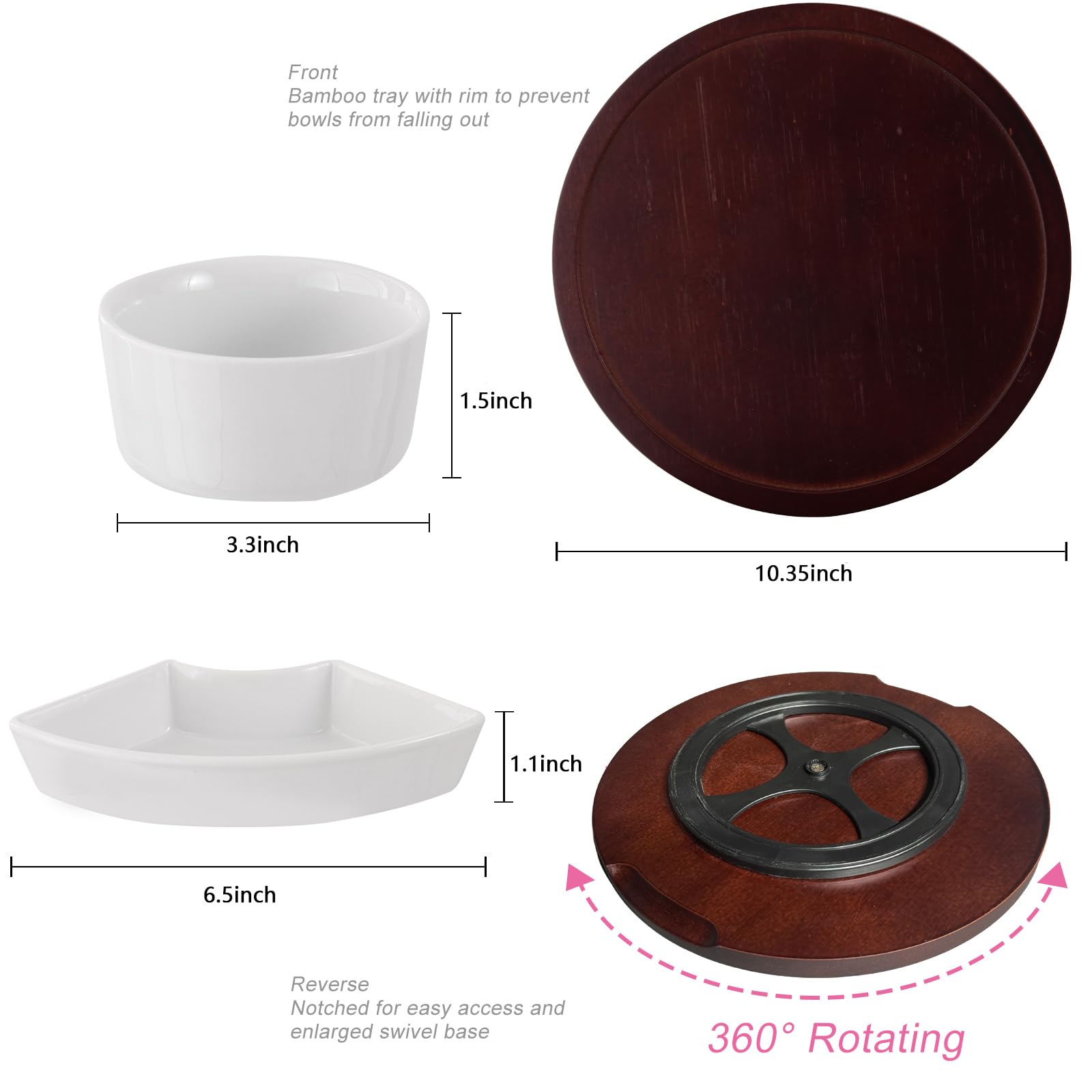 Obrotowy drewniany zestaw do serwowania frytek i dipów 360° Lazy Susan ze zdejmowanymi porcelanowymi miseczkami - idealny na imprezy, przekąski, chipsy i owoce