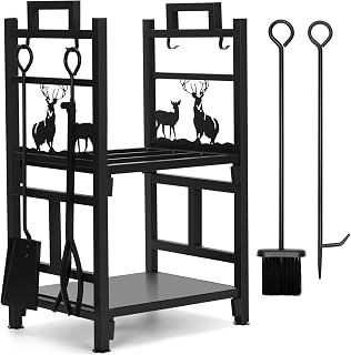 INNOSTAGE Firewood Rack with 5-Piece Tools Set - Double Layer Iron Log Holder for Fireplace & Firepit, Indoor/Outdoor