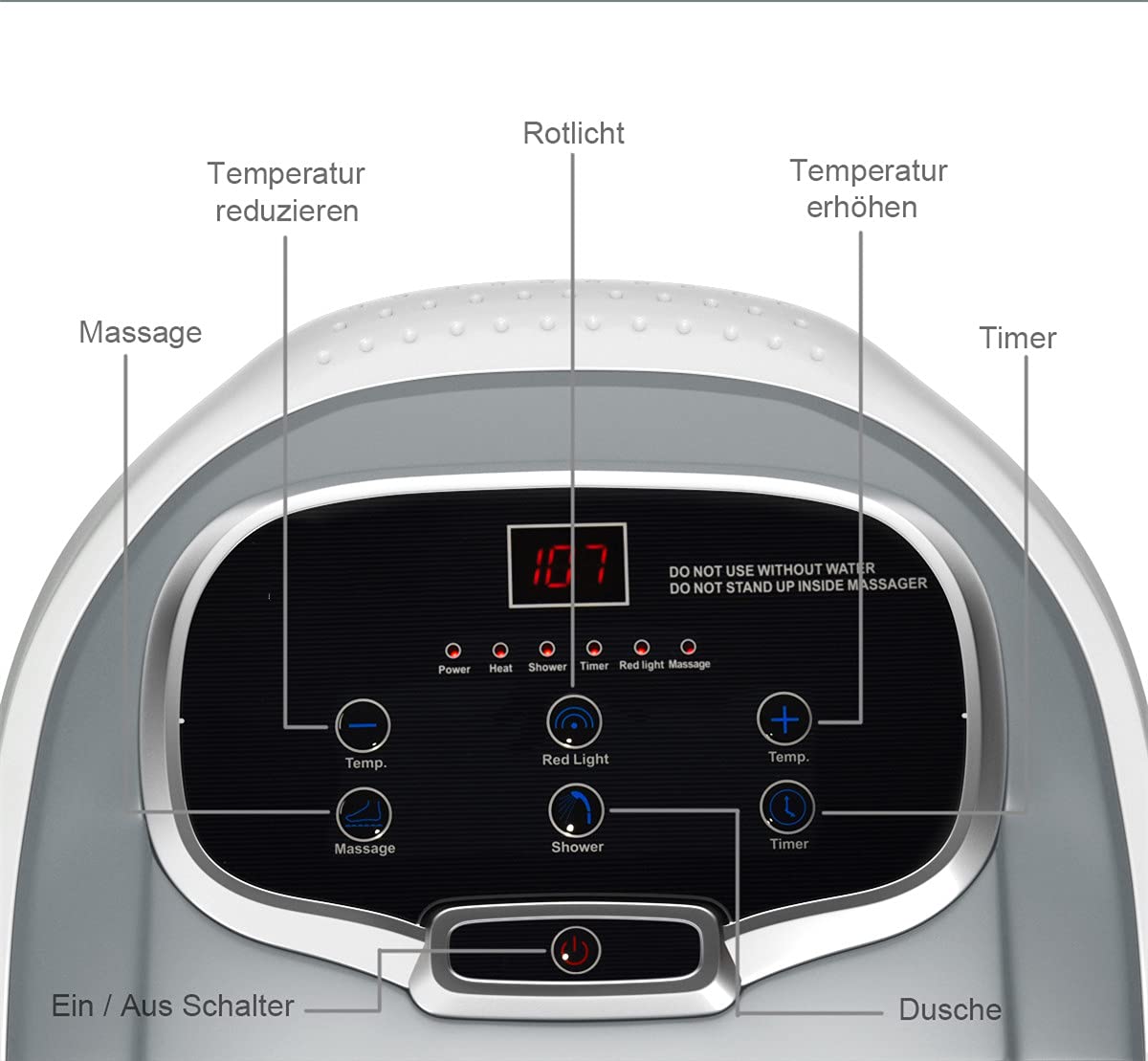 RELAX4LIFE Fußbadewanne elektrisch, Fußbad Massagegerät 10-60 min. Timer, 35-48℃, Rollbare Fußwasserwanne mit Universalrädern & Bremsen, Fußmassage mit Heizungs- & Dusch-Funktion (Grau)