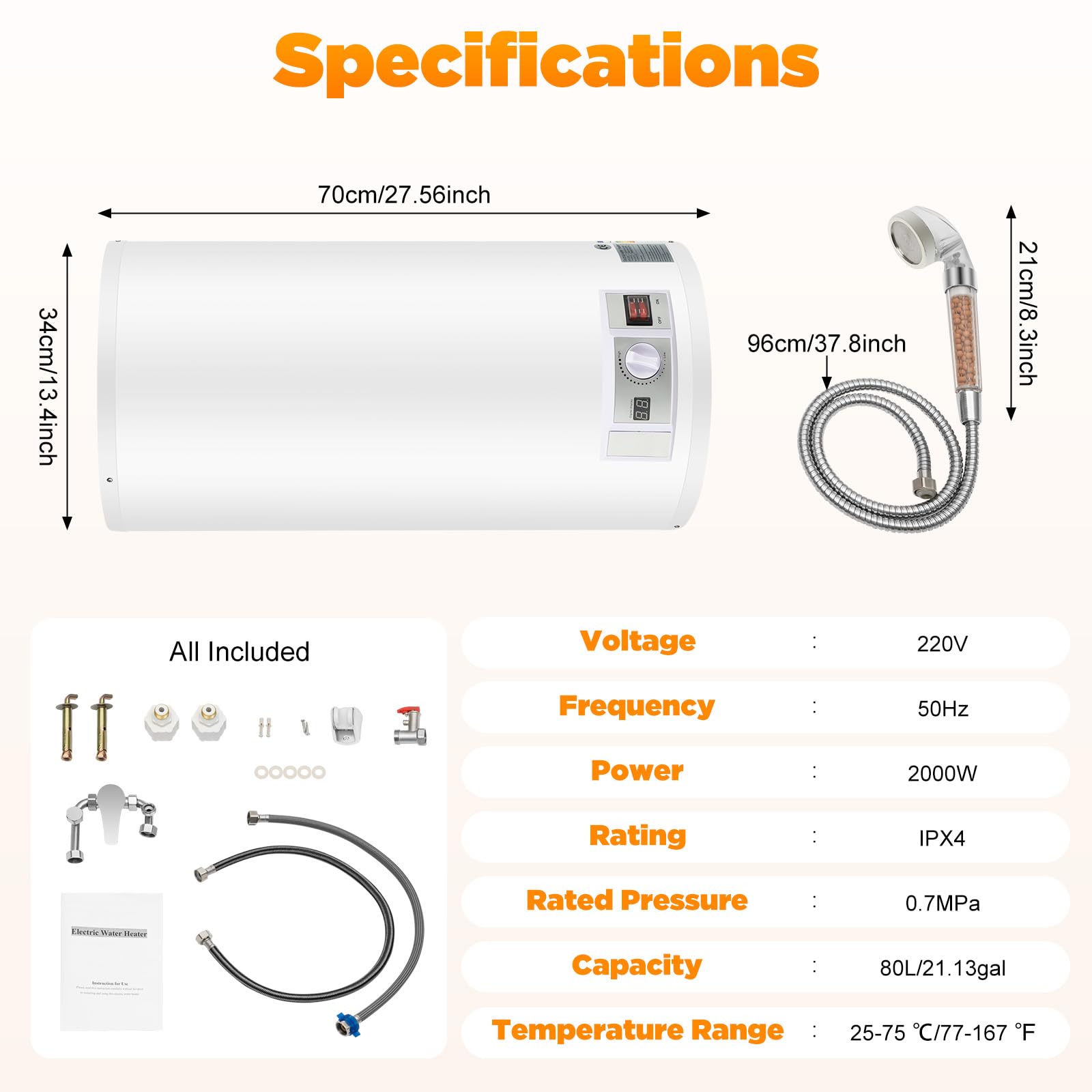 Serbatoio acqua calda elettrica 2000 W Smart Boiler a parete scaldabagno 80 L incl. valvola di sicurezza, soffione doccia e tubo, IPX4, temperatura di riscaldamento 25-75 ℃