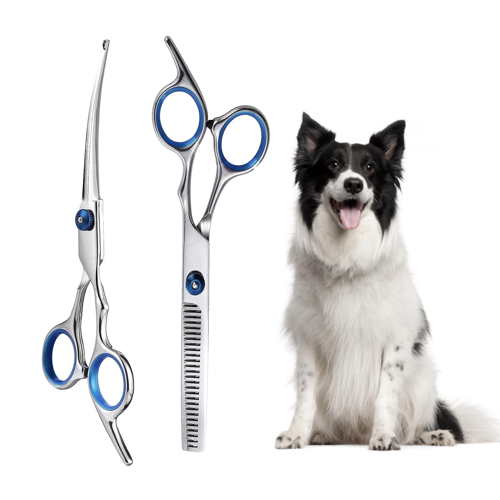 MisFun 2 Piezas Tijeras para Perros, Juego de Tijeras de Aseo para Mascotas, Tijeras Pelo Perro Profesional Gato Perro Aseo Tijeras Entresacar para Mascotas, Perros Recortando el Pelo (Azul)