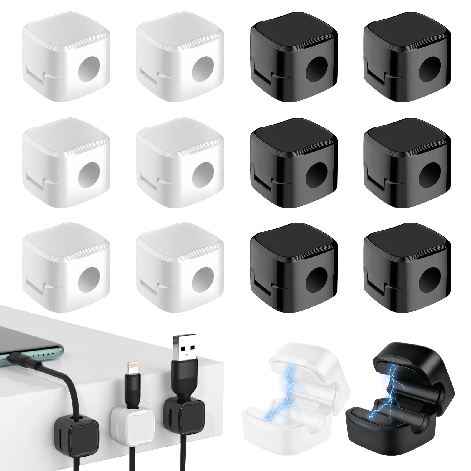 12PCS Clips para Cables, Soporte para Cables, Soporte para Cables Autoadhesivo, Organizador de Cables de Escritorio para Escritorio, Mesita de Noche, Soporte para Cables de Audio USB (Negro + Blanco)