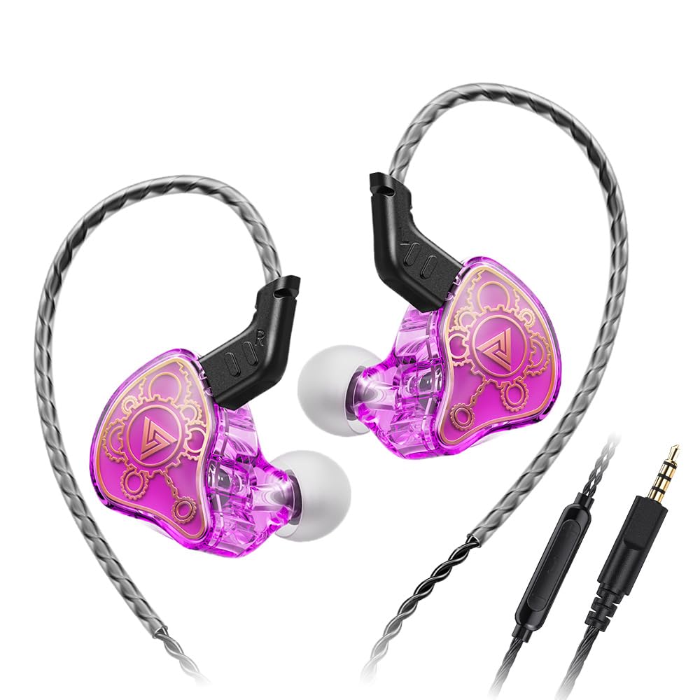 Wired Gaming Earbuds, QKZ Hi7T in Ear Monitor Headphones, Wired Earbuds Stereo Bass, HiFi IEM Earphone, Without Detachable Cables (with mic, Purple)