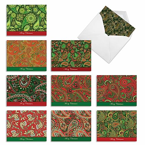 Image of The Best Card Company - 10 Blank Christmas Note Cards with Envelopes (4 x 5.12 Inch) - Fun Assorted Holiday Notecard Set - Christmas Paisley M2943XSB