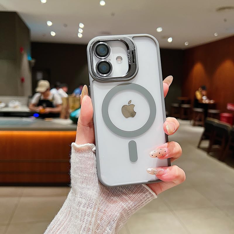 Image of LuxuryKase MagSafe Clear Case for iPhone 17 | Shockproof Transparent Cover with Camera Lens Protection | Metal Ring Stand & Wireless Charging Support - Grey