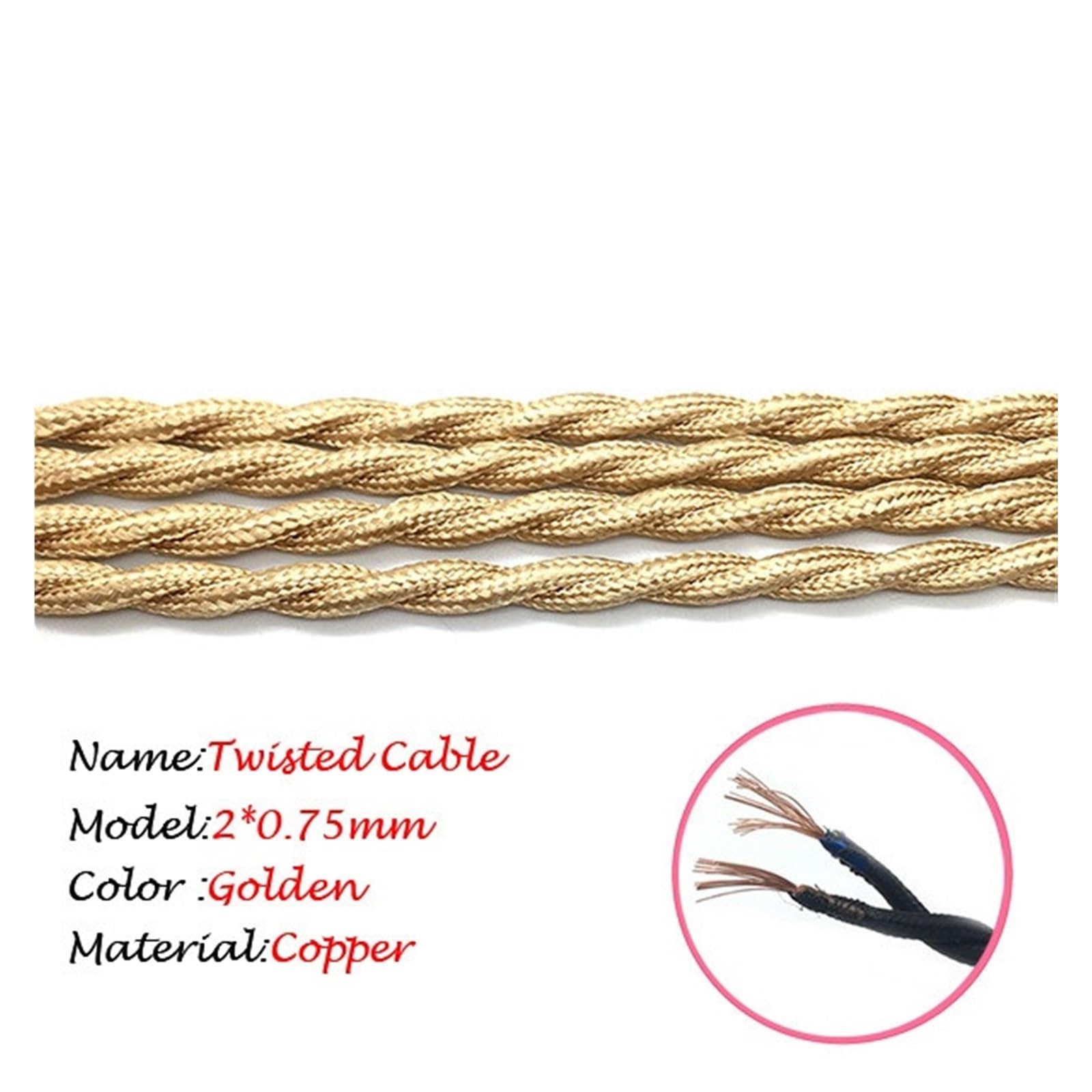 fil textile torsadé, Câble d'alimentation tressé à 2 conducteurs de 0,75 mm², gainé(Gold,50m)