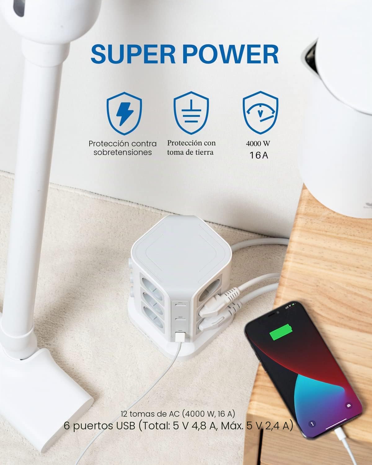 KOOSLA Regleta Vertical, 12 Enchufes, 6 USB, 5M, Blanco | 12 Enchufes, 6 USB, 4000W/16A, 3 Interruptores, Protección contra Sobretensión, Cable 5M