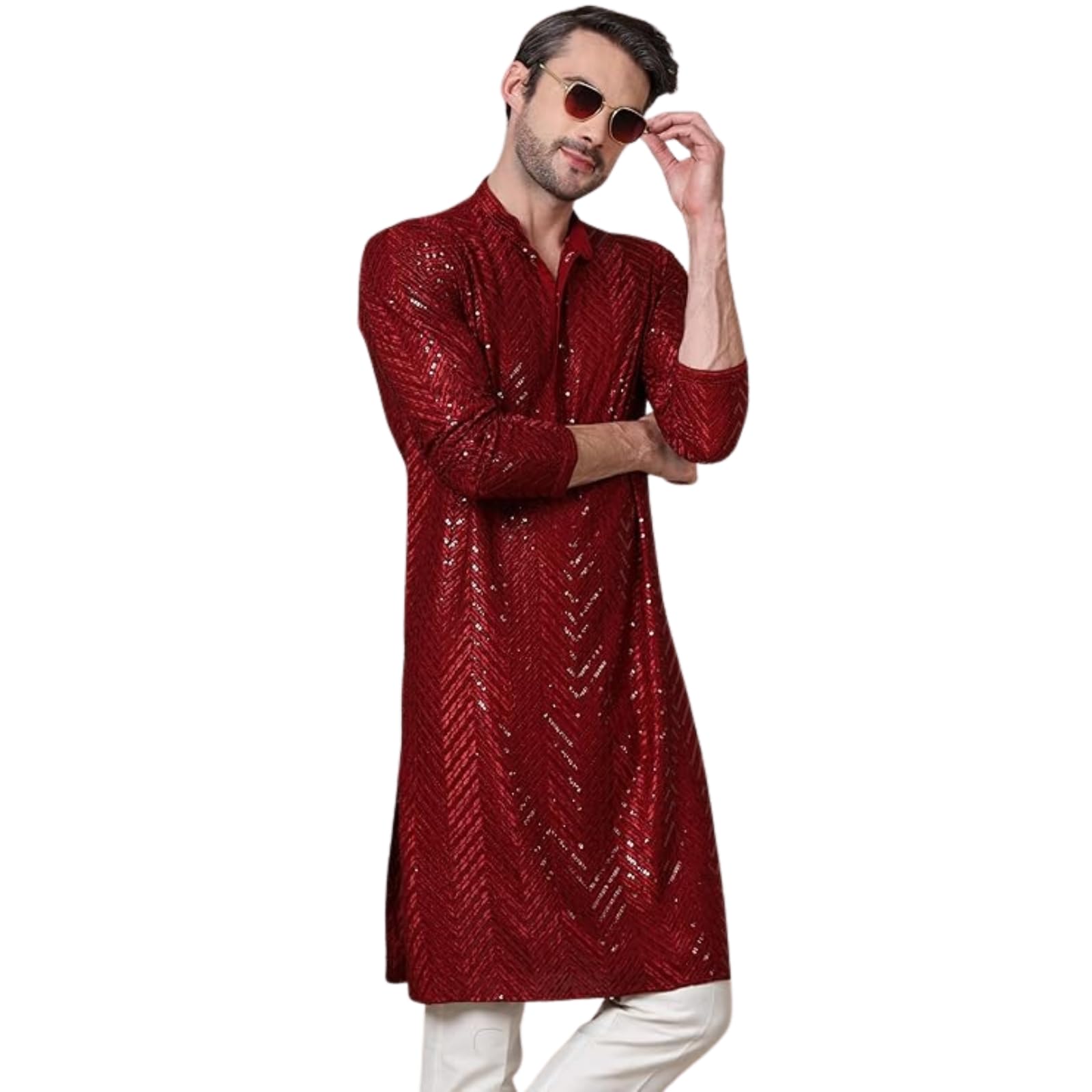 adhirajan Men's Cotton Blend Regular Fit Sequince Embroidered Kurta with Elegant Design | Stylish Comfortable Outfit for Weddings, Parties, Casual Outings, Traditional, Family Functions, Festivals-picture-6