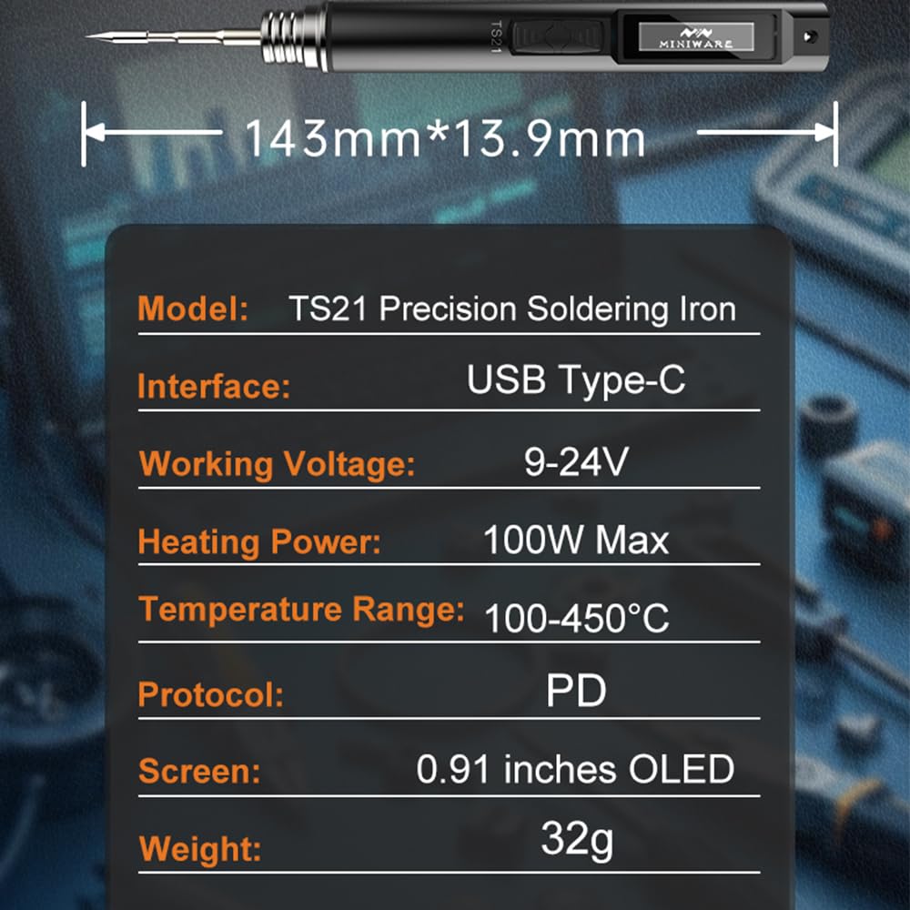 MINIWARE TS21 - Saldatore digitale con alimentatore da 65 W, corpo in lega di alluminio, controllo preciso della temperatura e design portatile, per riparazione elettronica, fai da te, fai da te, fai