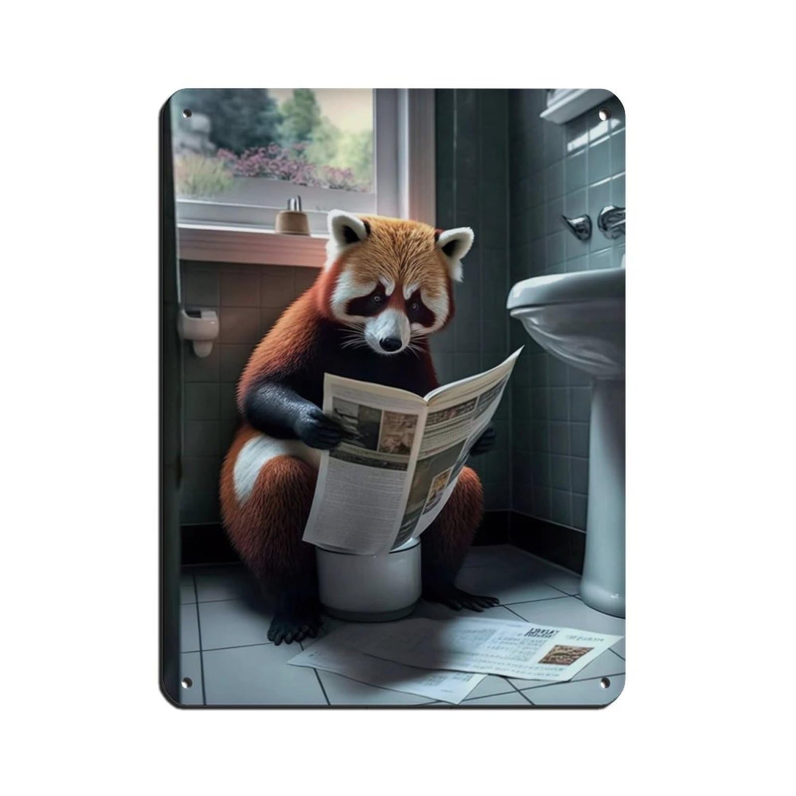Red Panda Sitting on The Toilet Reading A Newspaper Tin Sign Vintage Metal Pub Club Cafe Bar Home Wall Art Decoration Poster Retro 12x16inch(30x40cm)