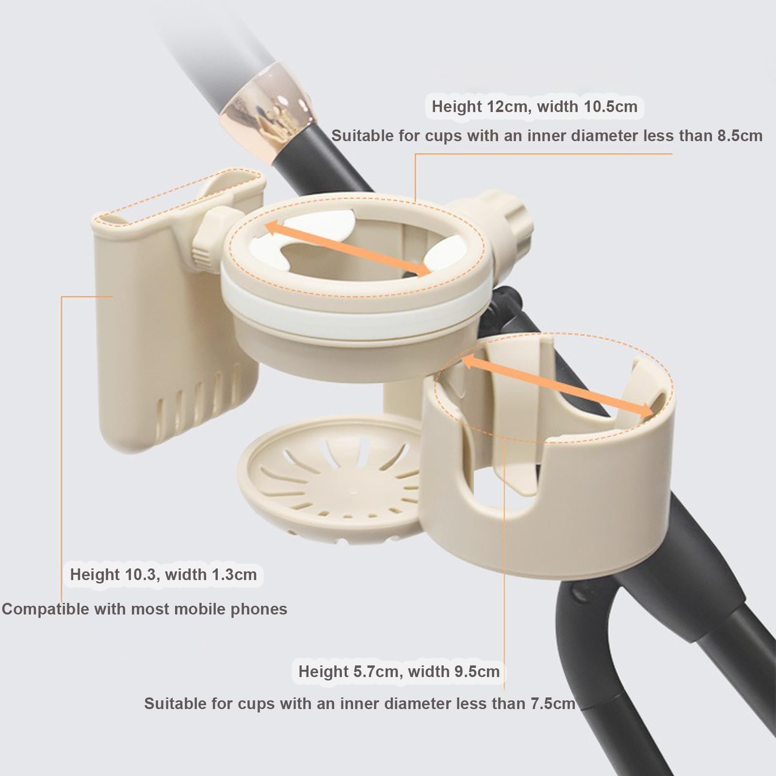 JUMUAO Getränkehalter für Kinderwagen,3in1 Universal Becherhalter,Anti-Rutsch Babyflasche Halter,Kaffeehalter Kinderwagen,Cup Holder für Fahrräder, Mountainbikes und Rollstuhl (Beige)