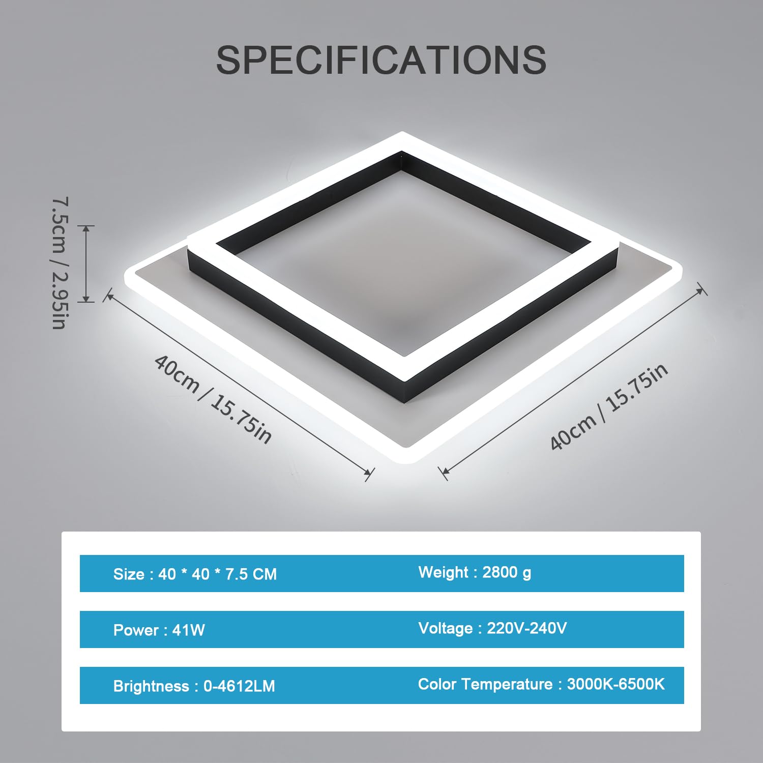 Goeco Lampa sufitowa LED kwadratowa 41 W, z regulowanym pilotem zdalnego sterowania, 3000 K-6500K, do sypialni, salonu, kuchni,