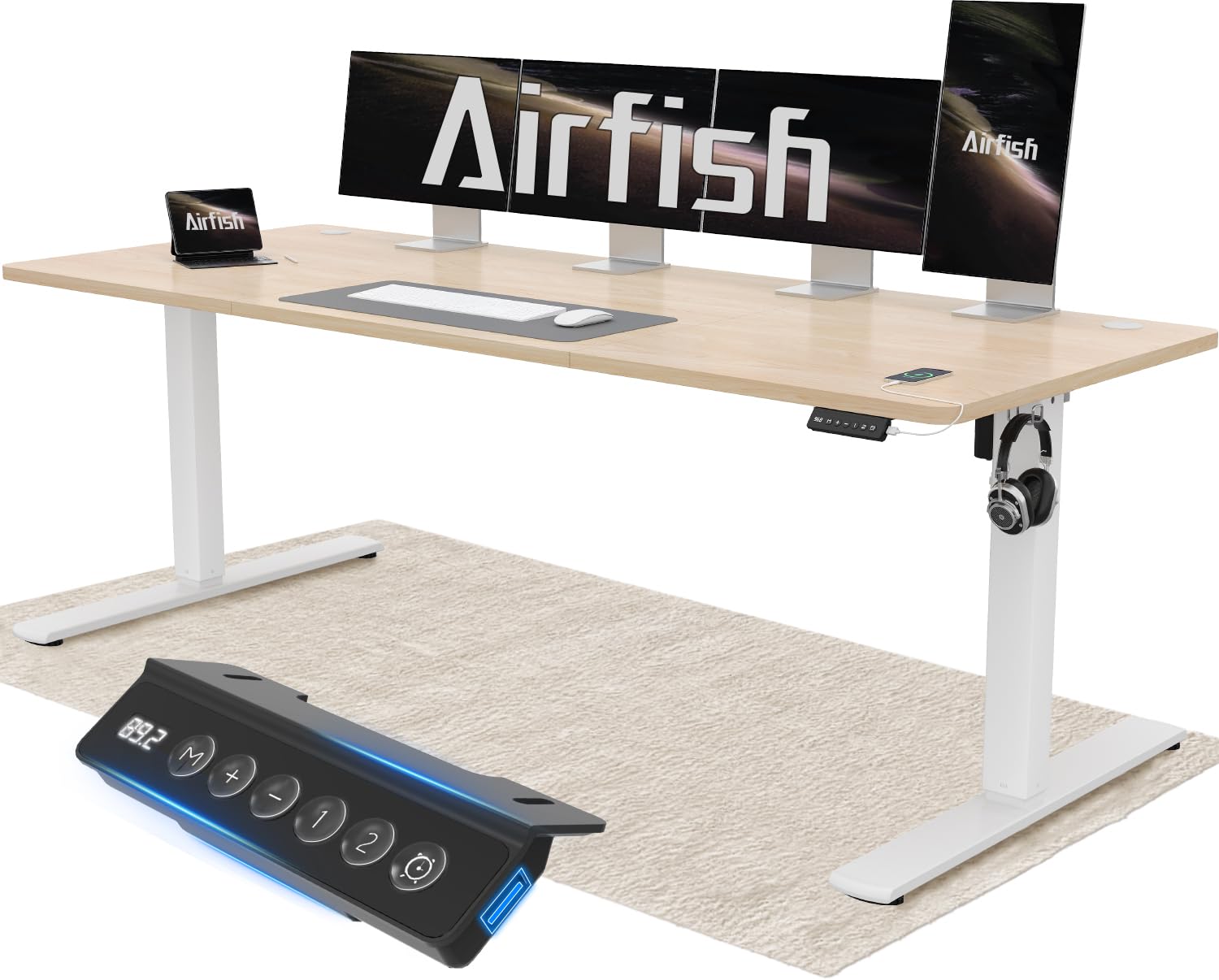 Airfish Höhenverstellbarer Schreibtisch 120x60cm mit USB-Buchse, Schreibtisch Höhenverstellbar Elektrisch mit Memory Funktion, 73-118cm, Weiß
