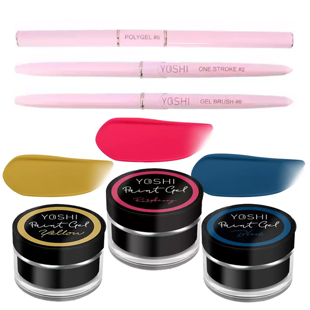 Set di pennelli e gel colorati per nail art professionale: lampone, blu, giallo, pennello gel e pennello One Stroke