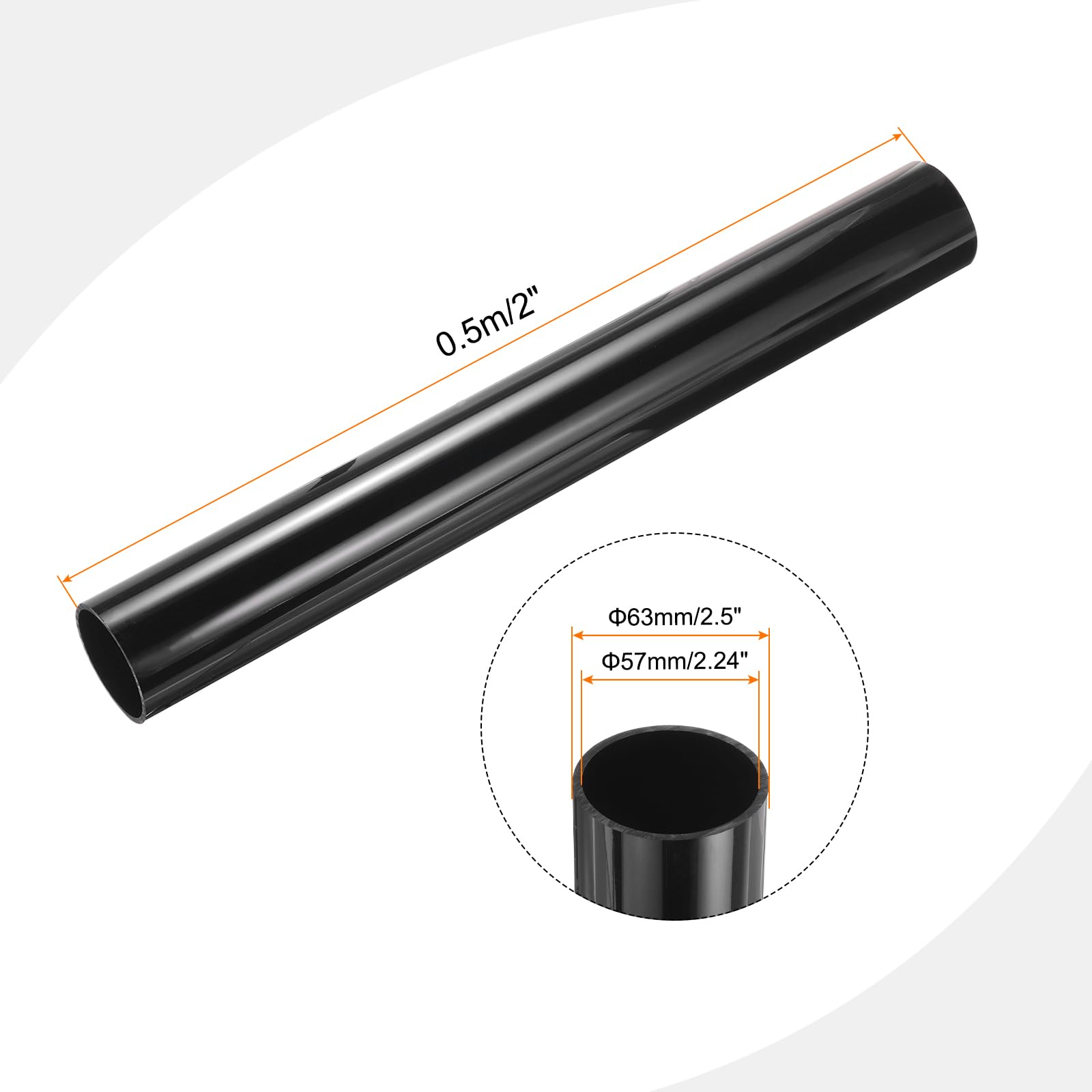 QUARKZMAN Tubo Rigido Rotondo in PVC da 2,5 Pollici 57mm ID 63mm OD 500mm Nero Ad Alto Impatto per Tubo dell'Acqua, Artigianato, Decorazione, Guaina per Cavi