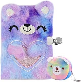 Siwinparts Girls Secret Diary with Lock A5 Journal Diary Lockable for Girls Kids Plush Notebook Set Kids Secret Diary with Lock and Key with Colourful Bear Purse for Girls Age 5 6 7 8 9 10 years old