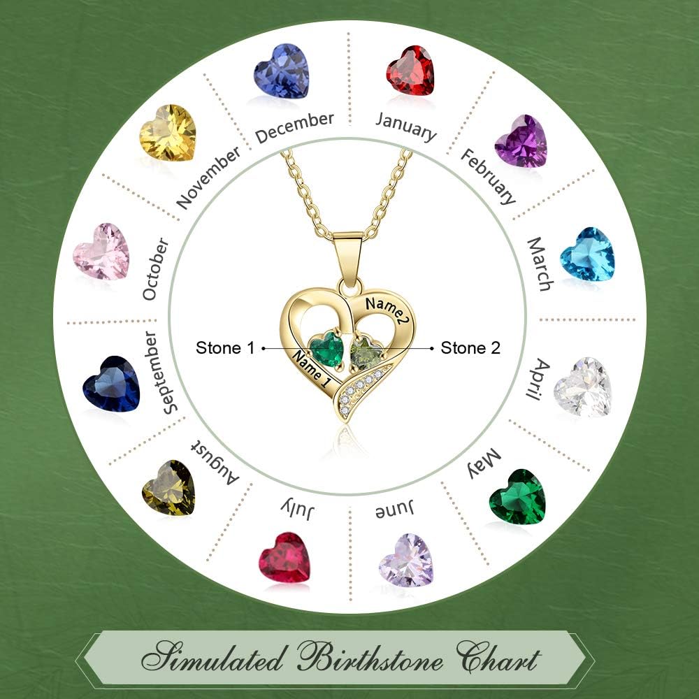 Love Jewelry Sterling Silver Personalized 2 Names Necklace with 2 Heart Simulated Birthstone Couple Pendant Necklace for Women (Gold)