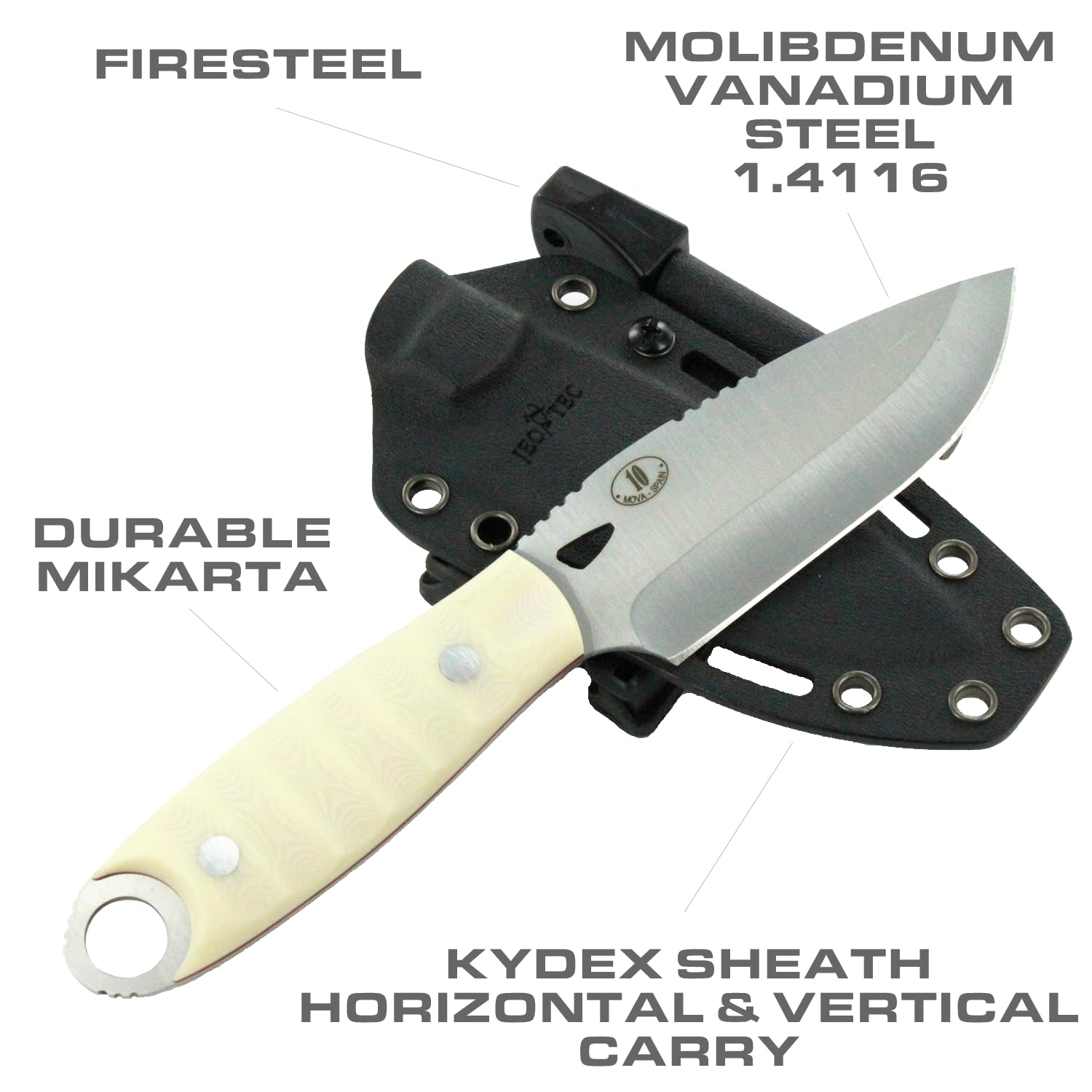 JEO-TEC Nº10 - Coltello Full-Tang a Lama Fissa per Bushcraft Sopravvivenza Pesca Caccia Campeggio, Lama di 10 cm Acciaio Inossidabile, Fodero, Ferrocerio, Handmade in Spain