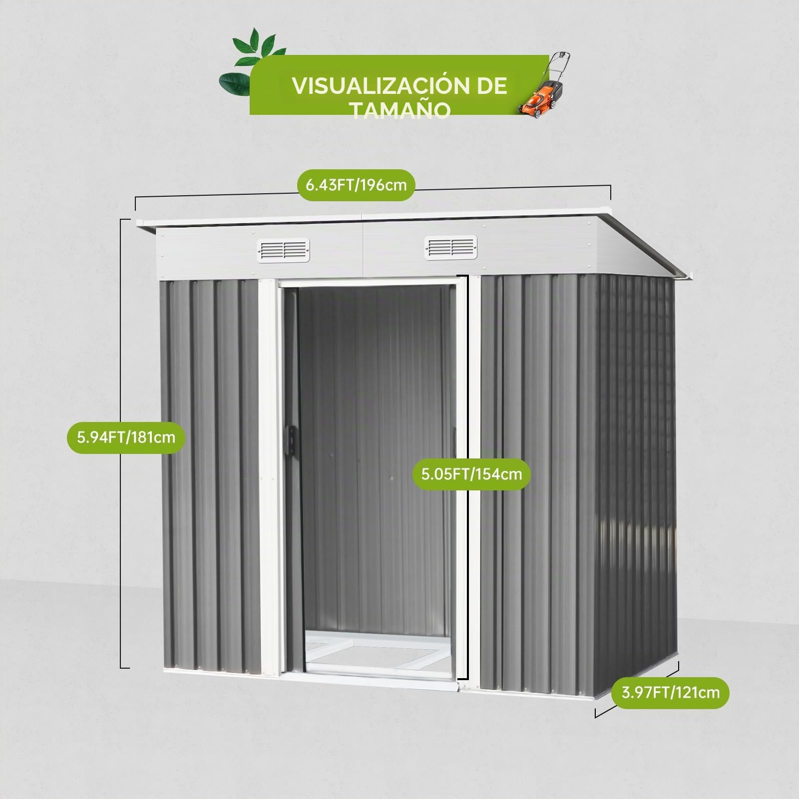 Garvee Caseta de Jardín Exterior de Acero Galvanizado, Cobertizo de Almacenamiento Metálico 183 x 122 x 180 cm para Herramientas y Bicicletas, Estructura Resistente con Ventilación y Tejado, Gris