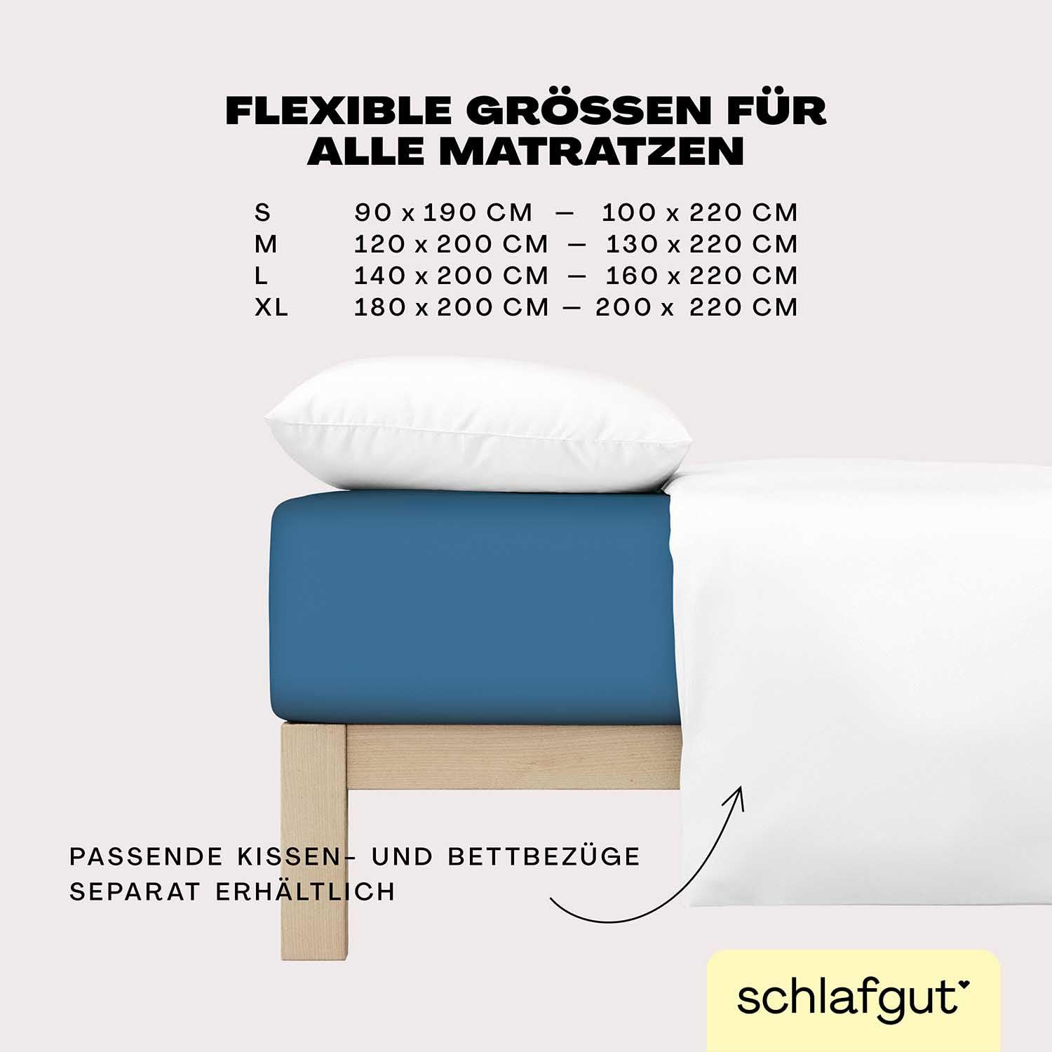 Schlafgut Easy Jersey Elasthan Spannbettlaken 140x200 bis 160x220 Blue Mid, Spannbetttuch aus superweicher Baumwolle mit Elasthan | Bettlaken, Spannbetttuch 160x200, 160x220 cm, Blau, Baumwolle Elasthan, bis 35 cm Steg, OEKO-TEX, bügelfrei