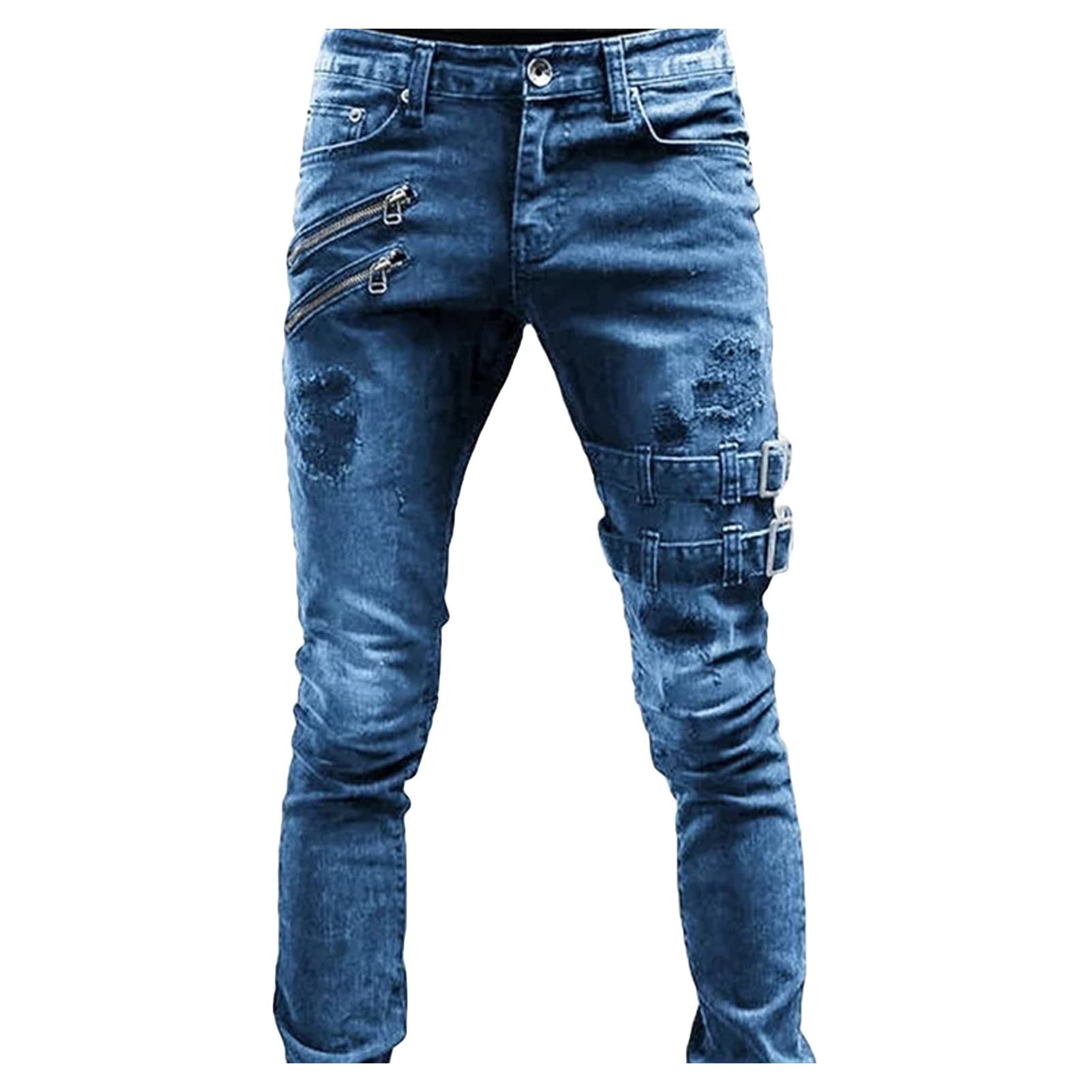 Men Biker Stretch Washed Skinny Retro Jeans Distressed Commuter Elastic Waist Denim Pants Moto Ripped Fit Trousers Blue
