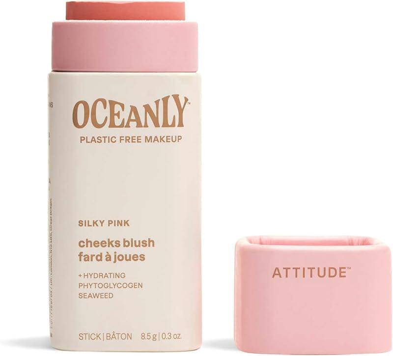 ATTITUDE Oceanly Plastic-Free Lightweight Blush Stick, Titanium Dioxide-Free, EWG Verified, Vegan & Cruelty-free Makeup, Silky Pink, 0.3 Ounces