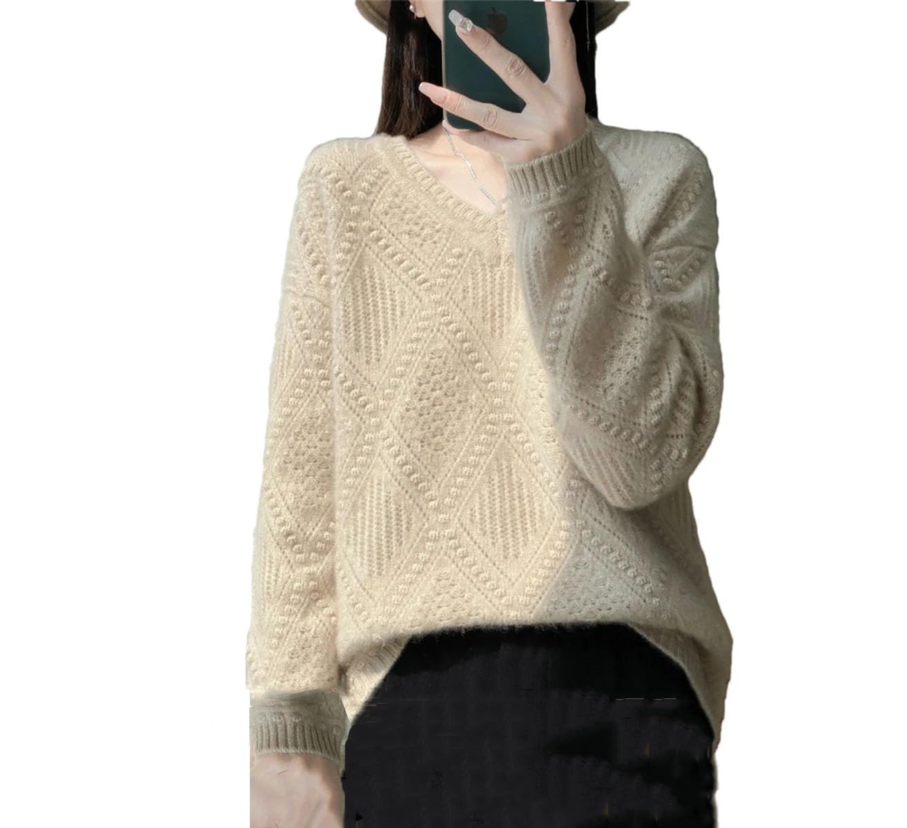 Langärmeliger Strickpullover für Damen, V-Ausschnitt, locker, warmer Strickpullover, warm, weich