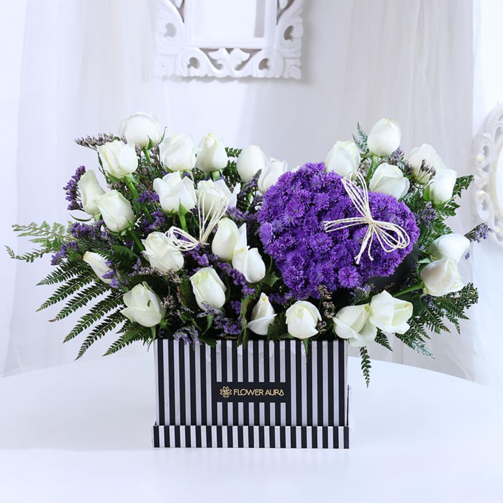FlowerAura Romantic Fresh Live Flower Bouquet of Daisy & 24 White Roses In Luxury FA Box Gift For Birthday | Anniversary | Love Surprise | Rose Day | Valentine's Day (Same Day Delivery)-image-42