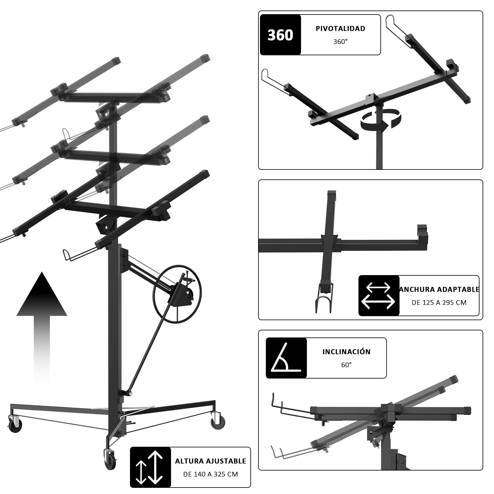 STANEW Leve Gipsplatte, faltbar, für Gipsplatten, Plattenheber, XXL, Traglast 68 kg, Höhe 140 – 325 cm, 3 Räder mit Parkbremsen