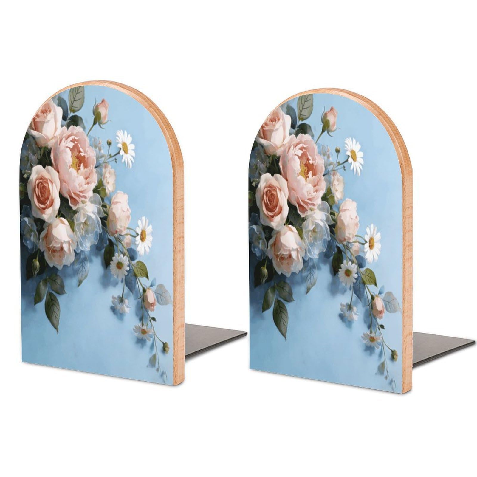 Watercolor Floral Book End for Shelves Book Shelf Holder Home Decorative Non Skid Book Stoppers Universal Economy Bookend Wood Handmade Heavy Duty Bookend for Home Office 1 Pair