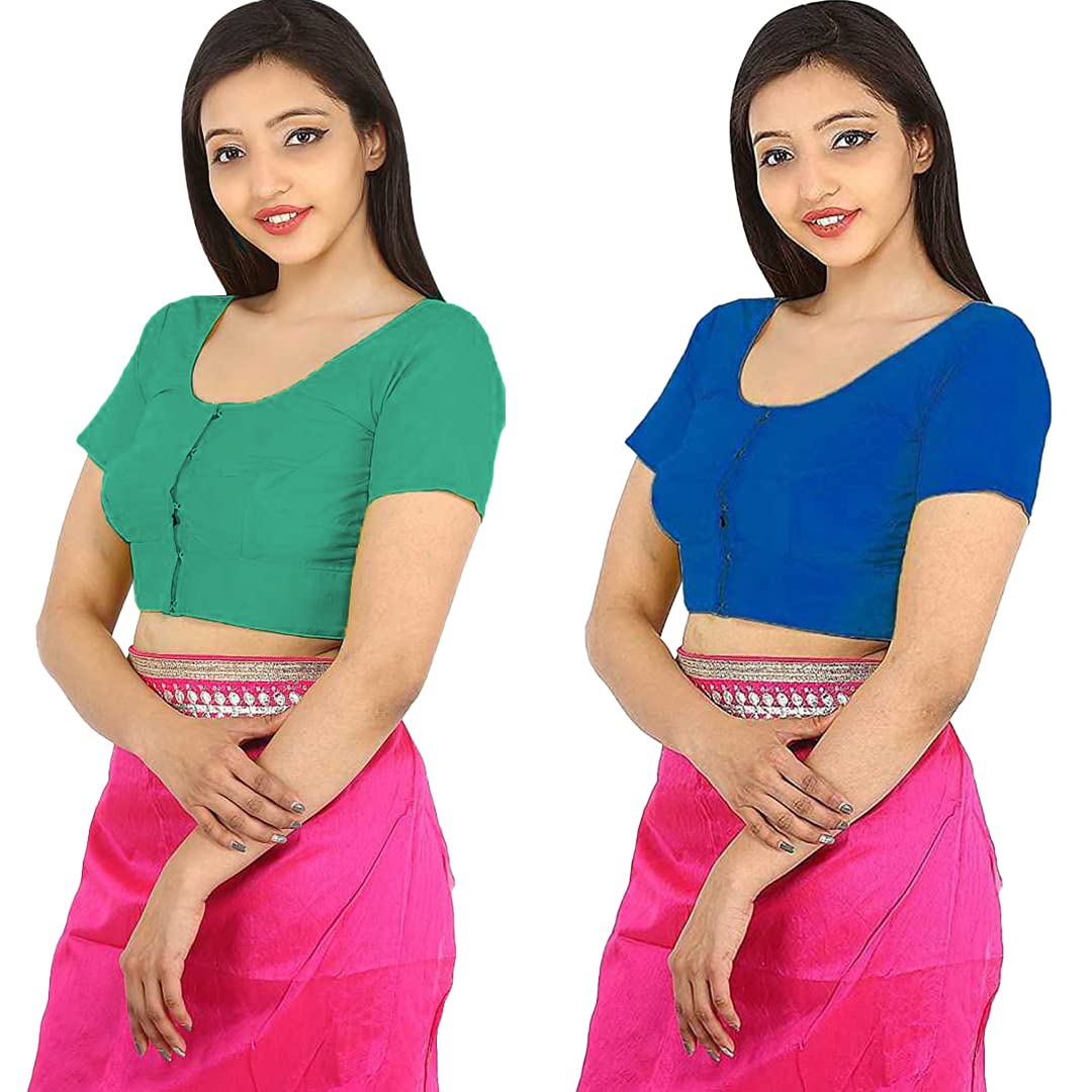 namita Women's Rubia Cotton Half Sleeve Readymade Blouse (U-COT-COM-2-LIGHTGREEN-NAVYBLUE-40_Light Green, Navy Blue_40)-picture-43