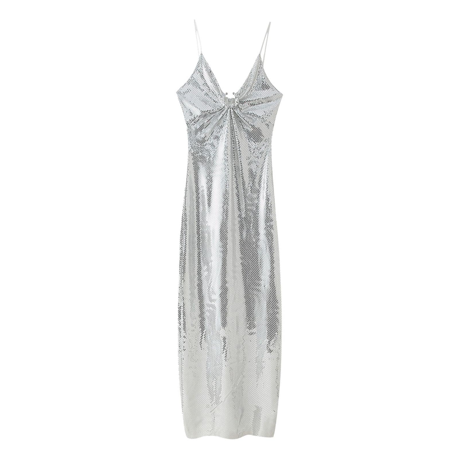 Generisch Vestido de mujer con purpurina, vestido sexy de lentejuelas metálicas, con cuello en V, vestido de discoteca de verano con abertura y espalda descubierta.