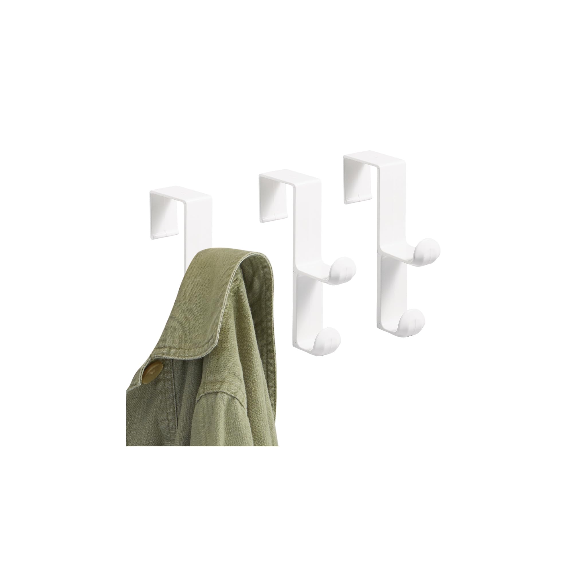 iDesign Over the Door Plastic Dual Hook Hanger for Coats, Jackets, Hats, Robes, Towels, Ideal for Bathroom, Bedroom, Mudroom, Set of 3, White
