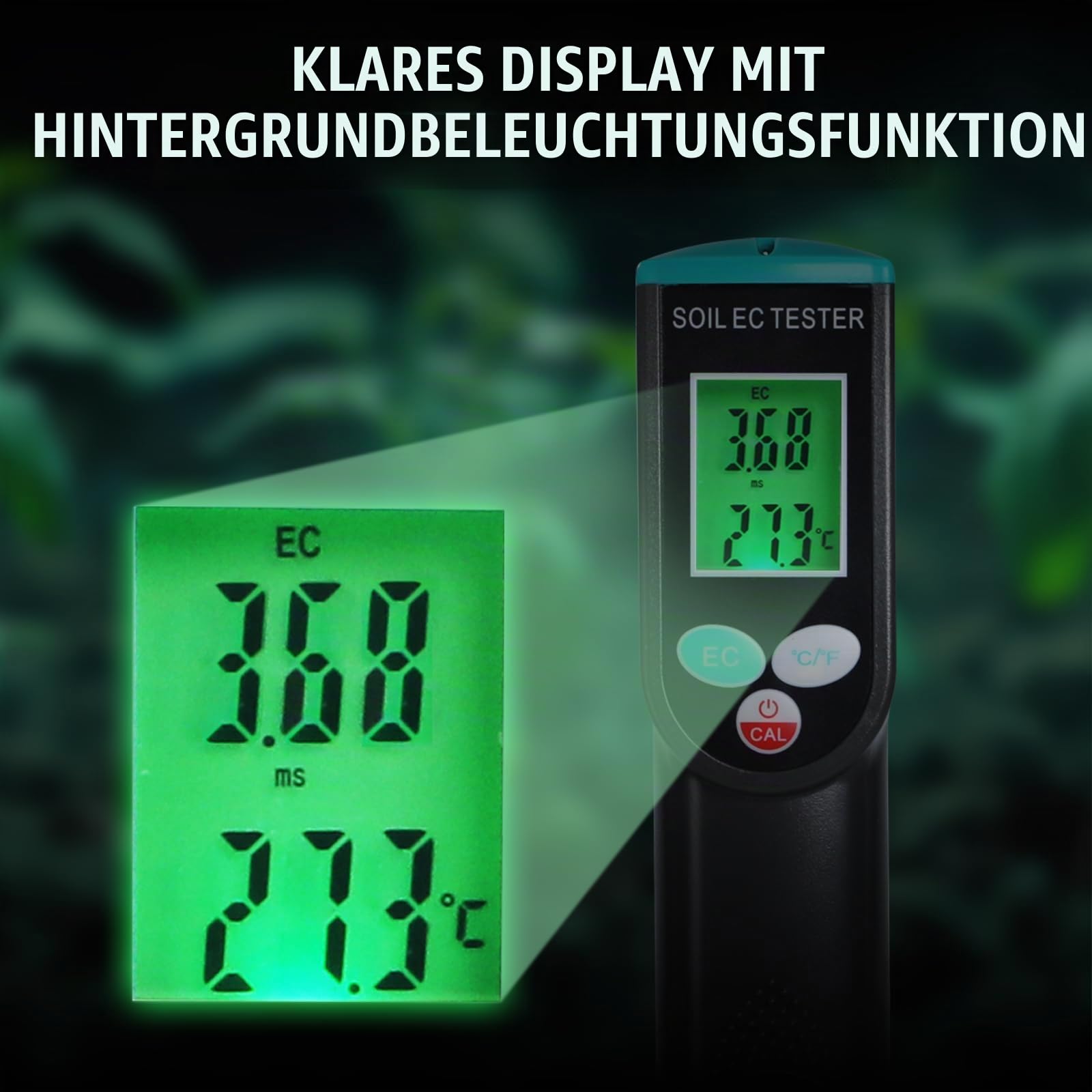 TEKCOPLUS Digitales Bodenmessgerät mit Corde-Sensor, 2-in-1 Boden-EC- & Temperaturmessgerät Tester mit ATC-Funktion, einfache Kalibrierung, hintergrundbeleuchtetes LCD-tragbares EC-Messgerät für